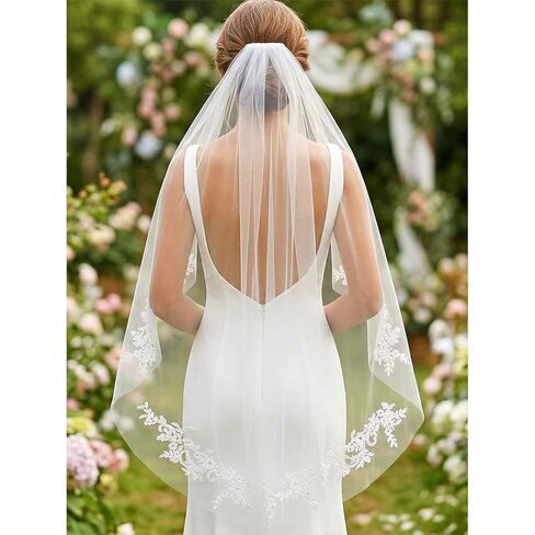 HEREAD Lace Bride Wedding Veil Short Fingertip Length 1 Tier Bridal Tulle Veils with Comb for Women (White) in Saudi Arabia