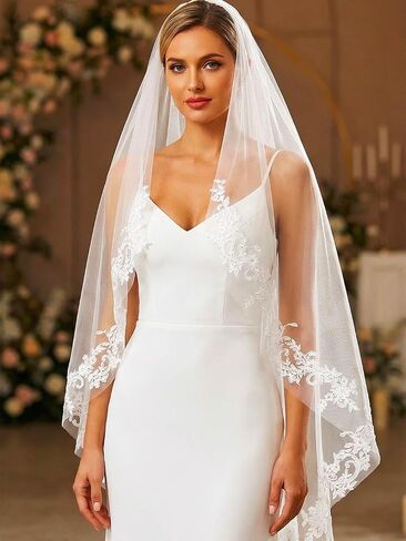 HEREAD Lace Bride Wedding Veil Short Fingertip Length 1 Tier Bridal Tulle Veils with Comb for Women (White) in Saudi Arabia