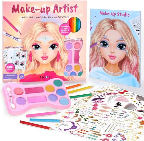BSCOOL Make-up Artist. 3 in 1 Fun Makeup, Sticker, Coloring Kit, Includes Color Pencils, Makeup Palette, and 200+ Stickers. for Girls Ages 5,6,7,8. Gift for Girls in Kuwait