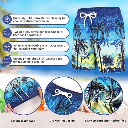GENTABY 2 Pack Boys Swim Trunks Toddler Boys Swimming Shorts Quick Dry with Mesh Liner Beach Board Shorts 3-14 Years in Saudi Arabia