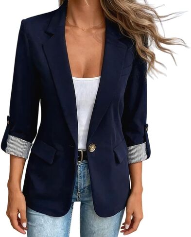 Women's Elegant Slim-Fit Blazer with Detailed Lapel and Cuffs - Three-Quarter Sleeves, Polyester Fabric in Kuwait
