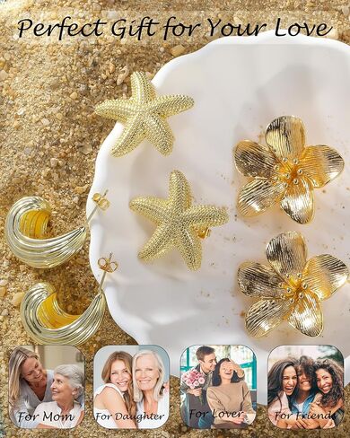 TOBENY Gold Statement Earrings For Women Trendy Chunky 14K Gold Plated Starfish Seashell Flower Stud Earrings Hammered Hypoallergenic Teardrop Dangle Summer Beach Vacation Jewelry in Saudi Arabia