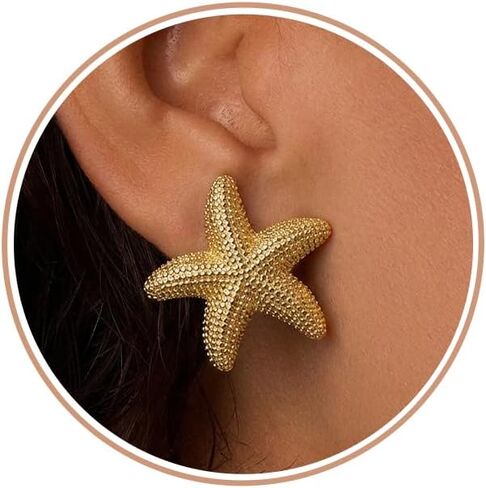 TOBENY Gold Statement Earrings For Women Trendy Chunky 14K Gold Plated Starfish Seashell Flower Stud Earrings Hammered Hypoallergenic Teardrop Dangle Summer Beach Vacation Jewelry in Saudi Arabia