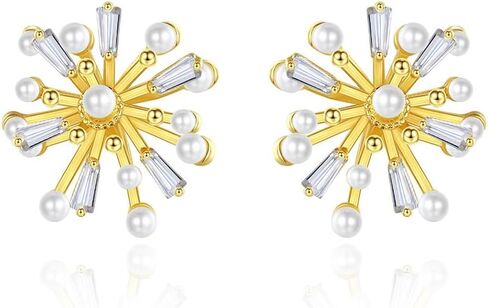 14K Gold Large Firework Moissanite Pearl Stud Earrings, Statement Jewelry Pieces, Ideal Gift for Ladies on Christmas and Birthdays in Kuwait