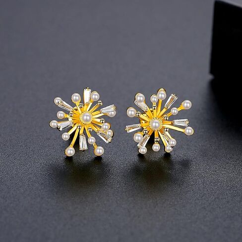 14K Gold Large Firework Moissanite Pearl Stud Earrings, Statement Jewelry Pieces, Ideal Gift for Ladies on Christmas and Birthdays in Kuwait