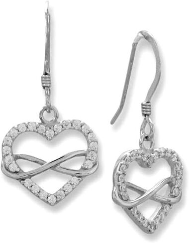 925 Sterling Silver Rhodium Plated CZ Love Heart and Infinity French Wire Earrings 1.25mm CZ Detailed Outline Interlocked 15.1mm X 14.8mm Drops 30.1mm Stud Earring for Women in Kuwait
