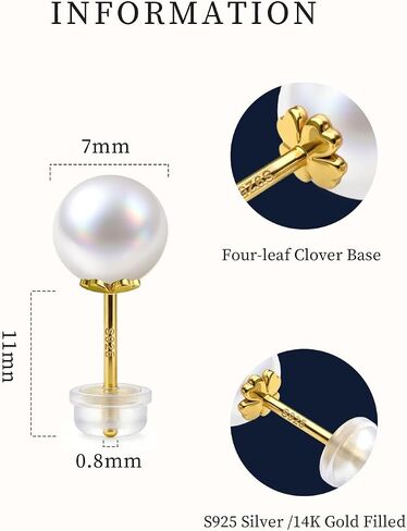 Pearl Stud Earrings for Women,14K Gold Plated S925 Silver Post,Freshwater Cultured 7-8mm Pearl,Hypoallergenic Four Leaf Clover Earrings in Kuwait