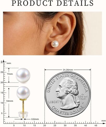 Pearl Stud Earrings for Women,14K Gold Plated S925 Silver Post,Freshwater Cultured 7-8mm Pearl,Hypoallergenic Four Leaf Clover Earrings in Kuwait