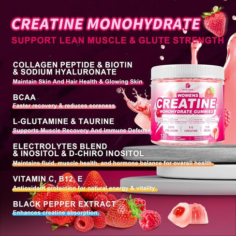 Creatine Gummies for Women, Creatine Monohydrate Gummies with Collagen, BCAA, Creatine Supplement, Enhanced Muscle Growth, Energy Boost with L-Carnitine & Taurine, Sugar Free, Strawberry Flavor-120CT in Saudi Arabia