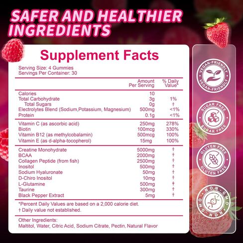 Creatine Gummies for Women, Creatine Monohydrate Gummies with Collagen, BCAA, Creatine Supplement, Enhanced Muscle Growth, Energy Boost with L-Carnitine & Taurine, Sugar Free, Strawberry Flavor-120CT in Saudi Arabia
