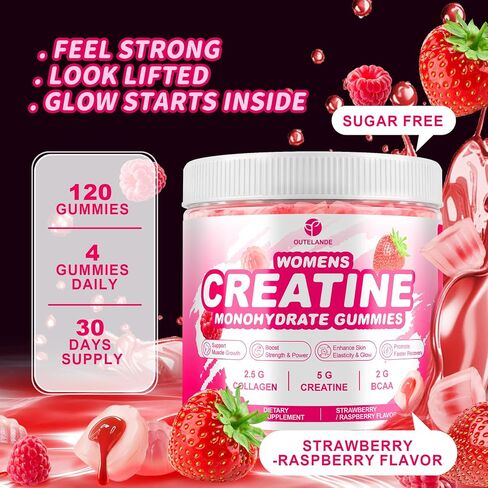 Creatine Gummies for Women, Creatine Monohydrate Gummies with Collagen, BCAA, Creatine Supplement, Enhanced Muscle Growth, Energy Boost with L-Carnitine & Taurine, Sugar Free, Strawberry Flavor-120CT in Saudi Arabia