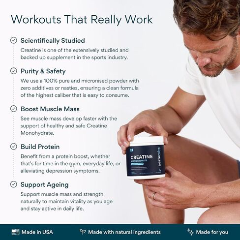 Bettervits Creatine Monohydrate Powder – 100% Pure Micronized Creatine 5g | Unflavoured Creatine Workout Supplement for Muscle Strength, Power & Growth | Vegan Creatine for Women & Men | 60 Servings in Saudi Arabia