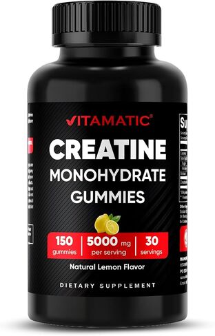 Vitamatic Creatine Gummies 5000mg لكل جرعة بنكهة الليمون الطبيعية - 150 علكة - كرياتين مونوهيدرات لقوة العضلات والطاقة والانتعاش - غير معدل وراثيًا، خالي من الغلوتين in Kuwait