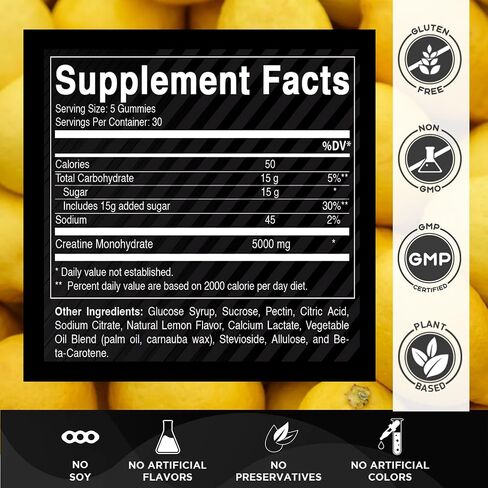 Vitamatic Creatine Gummies 5000mg لكل جرعة بنكهة الليمون الطبيعية - 150 علكة - كرياتين مونوهيدرات لقوة العضلات والطاقة والانتعاش - غير معدل وراثيًا، خالي من الغلوتين in Kuwait