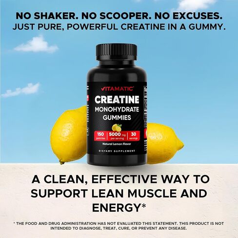 Vitamatic Creatine Gummies 5000mg لكل جرعة بنكهة الليمون الطبيعية - 150 علكة - كرياتين مونوهيدرات لقوة العضلات والطاقة والانتعاش - غير معدل وراثيًا، خالي من الغلوتين in Kuwait