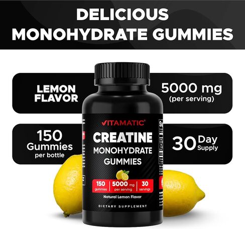 Vitamatic Creatine Gummies 5000mg لكل جرعة بنكهة الليمون الطبيعية - 150 علكة - كرياتين مونوهيدرات لقوة العضلات والطاقة والانتعاش - غير معدل وراثيًا، خالي من الغلوتين in Kuwait