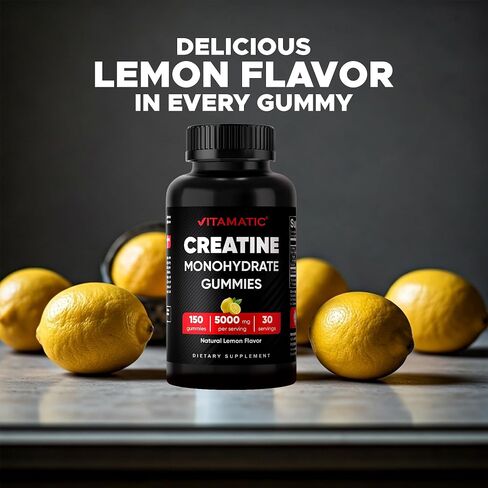 Vitamatic Creatine Gummies 5000mg لكل جرعة بنكهة الليمون الطبيعية - 150 علكة - كرياتين مونوهيدرات لقوة العضلات والطاقة والانتعاش - غير معدل وراثيًا، خالي من الغلوتين in Kuwait