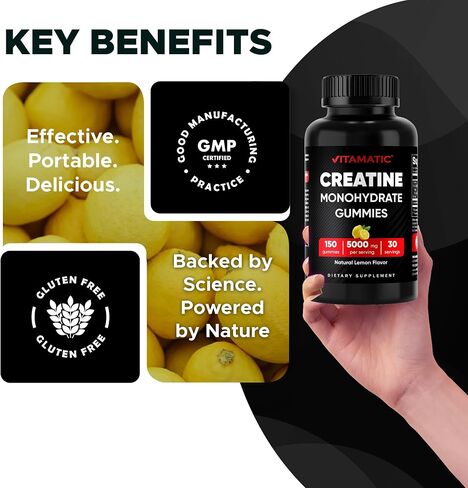 Vitamatic Creatine Gummies 5000mg لكل جرعة بنكهة الليمون الطبيعية - 150 علكة - كرياتين مونوهيدرات لقوة العضلات والطاقة والانتعاش - غير معدل وراثيًا، خالي من الغلوتين in Kuwait