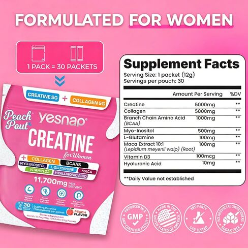 Creatine for Women – Micronized Creatine Monohydrate Powder with Collagen, BCAA, Myo-Inositol & Vitamin D3 – Muscle Growth, Strength & Energy Support – Pre & Post Workout – Peach Flavor, 30 Servings in Saudi Arabia