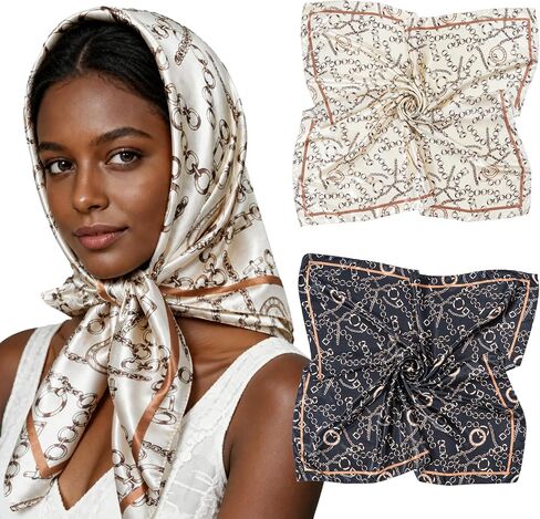 Lourny Satin Head Scarf for Women, 35" Large Silk Like Hair Wrap for Curly Hair Overnight – 2 PCS Soft Bandana for Travel in Saudi Arabia