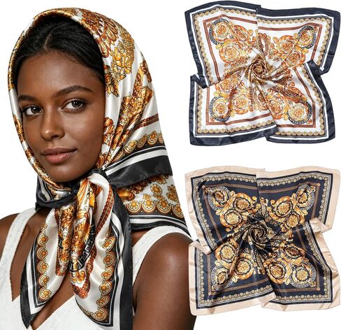 Lourny Satin Head Scarf for Women, 35" Large Silk Like Hair Wrap for Curly Hair Overnight – 2 PCS Soft Bandana for Travel in Saudi Arabia