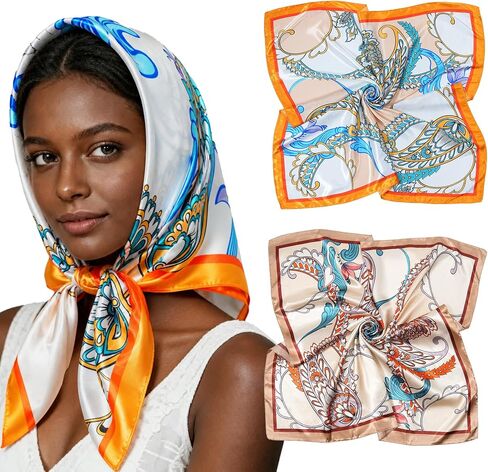 Lourny Satin Head Scarf for Women, 35" Large Silk Like Hair Wrap for Curly Hair Overnight – 2 PCS Soft Bandana for Travel in Saudi Arabia