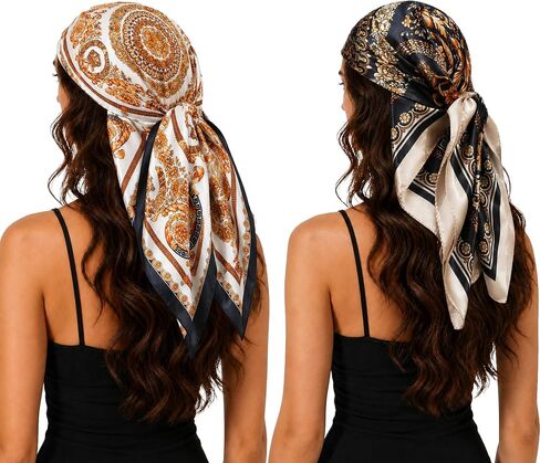 Lourny Satin Head Scarf for Women, 35" Large Silk Like Hair Wrap for Curly Hair Overnight – 2 PCS Soft Bandana for Travel in Saudi Arabia