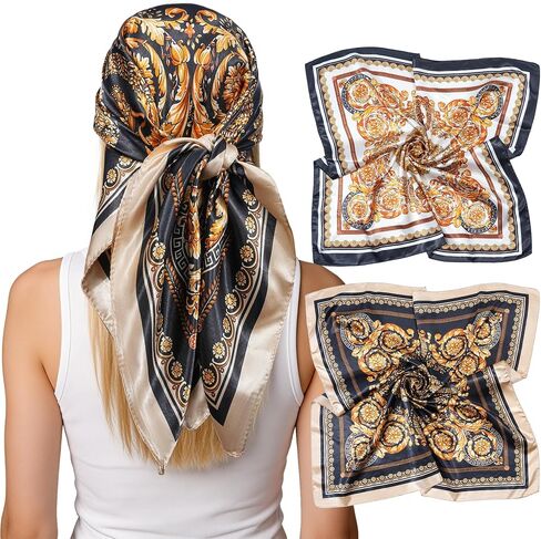 Lourny Satin Head Scarf for Women, 35" Large Silk Like Hair Wrap for Curly Hair Overnight – 2 PCS Soft Bandana for Travel in Saudi Arabia
