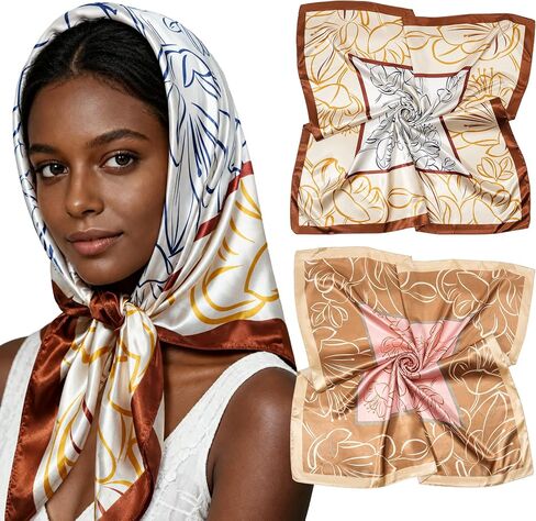 Lourny Satin Head Scarf for Women, 35" Large Silk Like Hair Wrap for Curly Hair Overnight – 2 PCS Soft Bandana for Travel in Saudi Arabia