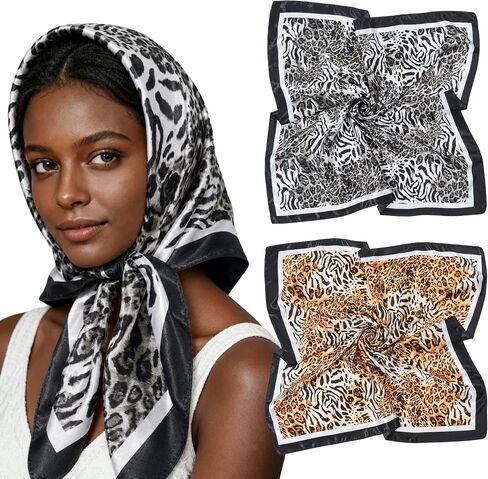 Lourny Satin Head Scarf for Women, 35" Large Silk Like Hair Wrap for Curly Hair Overnight – 2 PCS Soft Bandana for Travel in Saudi Arabia
