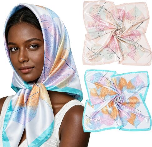 Lourny Satin Head Scarf for Women, 35" Large Silk Like Hair Wrap for Curly Hair Overnight – 2 PCS Soft Bandana for Travel in Saudi Arabia