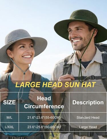قبعة Sun Boonie كبيرة الحجم مقاس XXL للرجال والنساء بحافة واسعة بعامل حماية من الأشعة فوق البنفسجية 50+، قبعات سفاري مقاومة للماء سريعة الجفاف لصيد الأسماك والمشي لمسافات طويلة in Kuwait