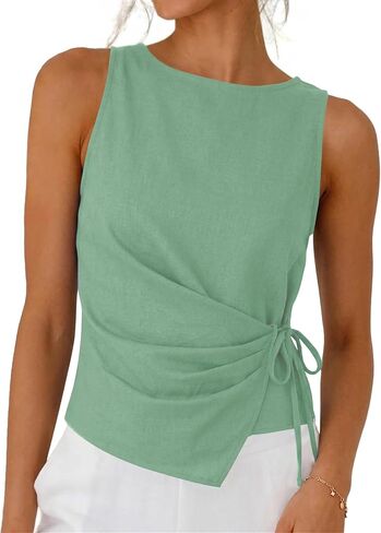 Womens Linen Cotton Crop Tank Tops Tie Wrap Sleeveless Ruched Boat Neck Shirts Casual Summer Beach Going Out Tops in Saudi Arabia