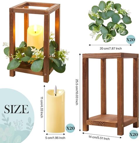 60 Pcs/20 Set Wooden Wedding Lantern Centerpiece,Wooden Centerpieces for Tables-with 20 Holders 20 Candles 20 Wreaths for Rustic Table Decoration Country Barn Wedding Party (Brown) in Saudi Arabia