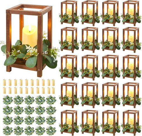 60 Pcs/20 Set Wooden Wedding Lantern Centerpiece,Wooden Centerpieces for Tables-with 20 Holders 20 Candles 20 Wreaths for Rustic Table Decoration Country Barn Wedding Party (Brown) in Saudi Arabia