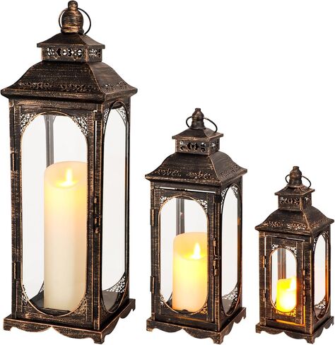 TRIROCKS Set of 3 Vintage Candle Lanterns 10/14/19.5''H Decorative Outdoor Lantern Metal Candle Holder with Tempered Glass for Home Living Room Garden Yard Event Indoor Outdoor (Black with Gold Brush) in Saudi Arabia