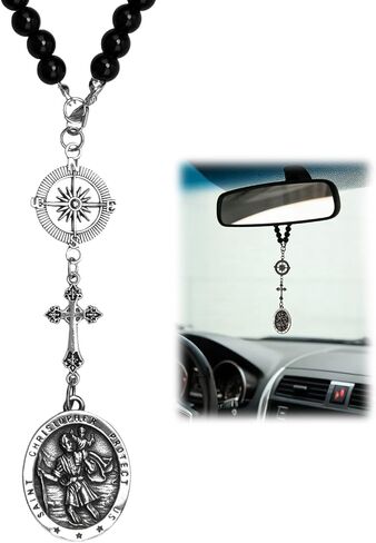 1 Pc St Christopher Car Rearview Mirror Decor Medal, Black Cross Hanging Car Rosary Charm, Travel Protection Charm in Saudi Arabia