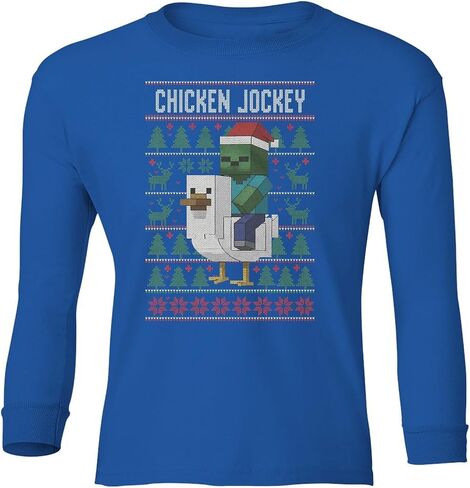 Funny Chicken Jockey Christmas – Pixel Game Xmas Ugly Youth Long Sleeve T-Shirt in Saudi Arabia