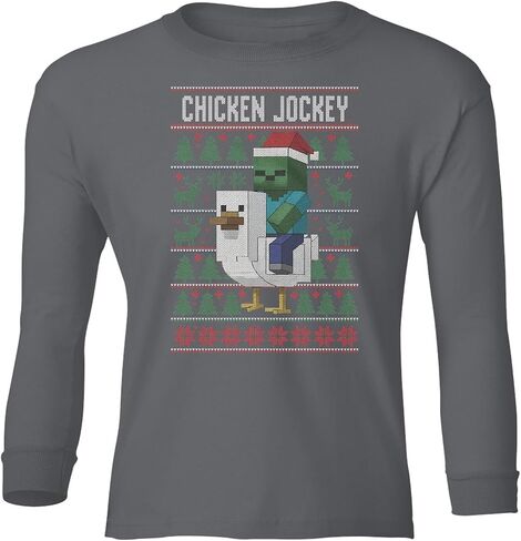 Funny Chicken Jockey Christmas – Pixel Game Xmas Ugly Youth Long Sleeve T-Shirt in Saudi Arabia
