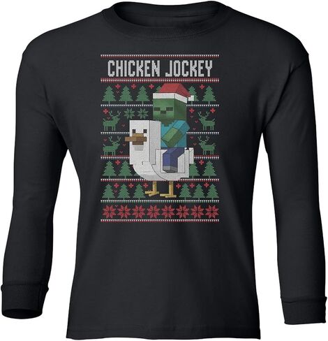 Funny Chicken Jockey Christmas – Pixel Game Xmas Ugly Youth Long Sleeve T-Shirt in Saudi Arabia