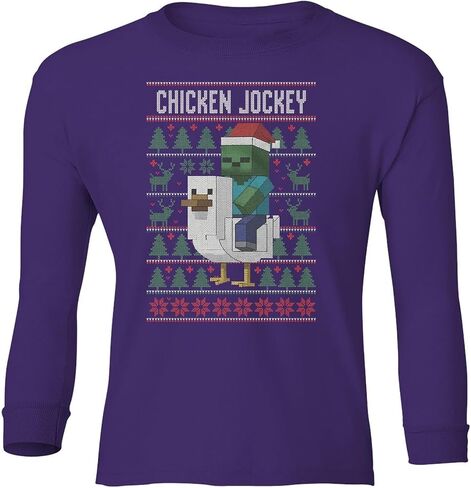 Funny Chicken Jockey Christmas – Pixel Game Xmas Ugly Youth Long Sleeve T-Shirt in Saudi Arabia