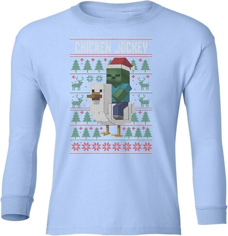 Funny Chicken Jockey Christmas – Pixel Game Xmas Ugly Youth Long Sleeve T-Shirt in Saudi Arabia