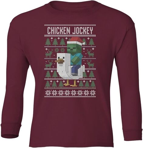 Funny Chicken Jockey Christmas – Pixel Game Xmas Ugly Youth Long Sleeve T-Shirt in Saudi Arabia