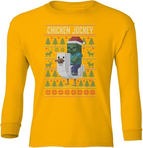 Funny Chicken Jockey Christmas – Pixel Game Xmas Ugly Youth Long Sleeve T-Shirt in Saudi Arabia