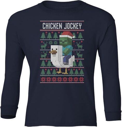 Funny Chicken Jockey Christmas – Pixel Game Xmas Ugly Youth Long Sleeve T-Shirt in Saudi Arabia