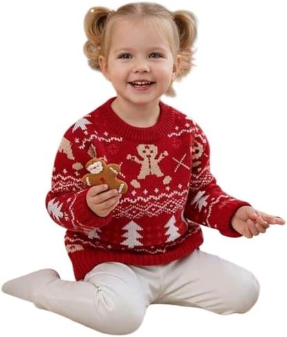 Kids Unisex Christmas Pattern Sweater, Crew Neck, Long Sleeve, Red in Saudi Arabia
