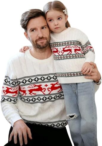 Kids Unisex Christmas Sweater, Crew Neck, Long Sleeve, Comfortable Deer Design, White. in Saudi Arabia
