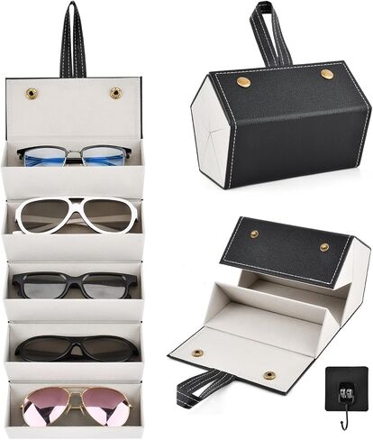 5 Slots Travel Sunglasses Organizer With Hook, Foldable Travel Sunglass Case, Multiple Eyeglasses Storage Box for Women Men in Saudi Arabia