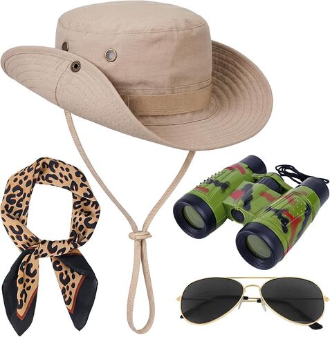 Horolam Safari Costume Accessories, Safari Hat Zoo Keeper Jungle Explorer Outfit with Leopard Scarf Binocular Sunglasses for Adult Halloween Dress up (4 PCS) in Saudi Arabia