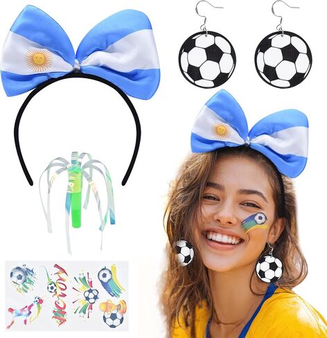 Argentina Soccer Fan Accessories Set for Adults – Argentina Flag Bow Headband, Soccer Ball Earrings, Tattoo Stickers and Cheer Wand for Football Game Day, Sports Party and Team Support in Saudi Arabia